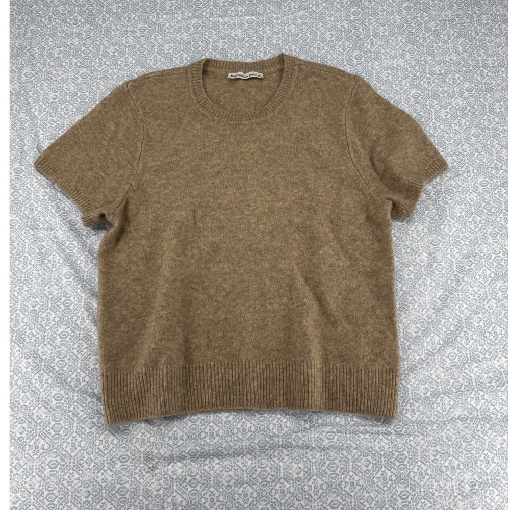 Abercrombie & Fitch Short Sleeve Sweater Brown Tan Knit Crew Neck Wool Blend L